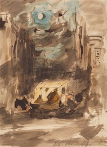 露店に人物がいる夜の通り 作： James Holland
