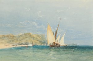 Cena da costa com barcos à vela
