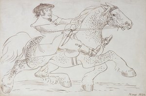 1830年に馬のディーラーが若いクライズデールを歩きます（紙にセピアインク） 作： James Howe