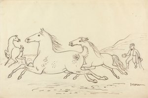 三頭の馬と厩舎の若者 作： James Howe