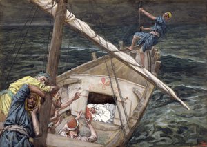 嵐の間に眠っているキリスト、「キリストの生涯」のイラスト、1886-94年（板紙にトイレとガッシュ） 作： James Jacques Joseph Tissot