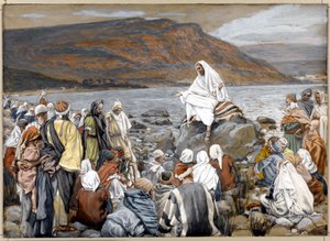 イエスは海のそばで人々を教えます、「キリストの生涯」のイラスト、1886-96年（灰色のまな板上の黒鉛の上に不透明な水彩画） 作： James Jacques Joseph Tissot