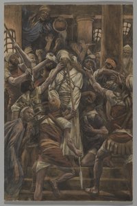 カイアファの家の虐待、私たちの主イエス・キリストの生涯からの挿絵、1886-94（紙の黒鉛の上にトイレ）