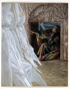 メアリーマグダレンが墓の天使たちに質問する、「キリストの生涯」のイラスト、1886-94年（板紙にトイレとガッシュ） 作： James Jacques Joseph Tissot