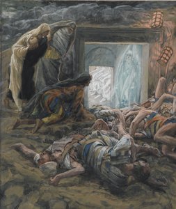 メアリーマグダレンと墓の聖女たち、私たちの主イエスキリストの生涯のイラスト、1886-94年（紙の黒鉛の上にトイレ）