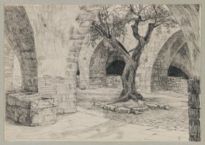アルメニア修道院、エルサレムの建物、私たちの主イエス・キリストの人生のイラスト（紙にインク）