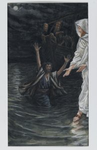 聖ペテロが海を歩く、主イエス・キリストの生涯のイラスト（紙の黒鉛の上にトイレ） 作： James Jacques Joseph Tissot
