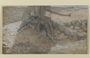 木の幹の斧、私たちの主イエス・キリストの生涯のイラスト（紙の黒鉛の上にトイレ）