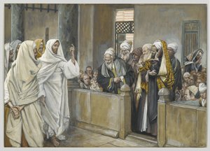 主任司祭はイエスにこのように行動する権利によってイエスに尋ねます 作： James Jacques Joseph Tissot