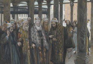 主任司祭たちが一緒に弁護士を務める、「私たちの主イエス・キリストの生涯」、1886-94年の挿絵（紙の黒鉛の上にトイレ）