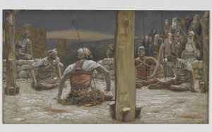 4人の警備員が座って彼を見守った、私たちの主イエス・キリストの生涯からの挿絵、1886-94（紙の黒鉛の上にトイレ） 作： James Jacques Joseph Tissot