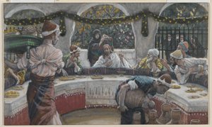 パリサイ人の家での食事、私たちの主イエス・キリストの生涯のイラスト（紙の黒鉛の上にトイレ） 作： James Jacques Joseph Tissot
