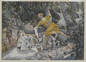 イエスの通過を待つシカモアのザッケウス、私たちの主イエスキリストの生涯からの挿絵、1886年から96年（紙の黒鉛の上にトイレ） 作： James Jacques Joseph Tissot