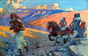 エリヤはアハブの戦車の前を走る-聖書 作： James Jacques Joseph after Tissot