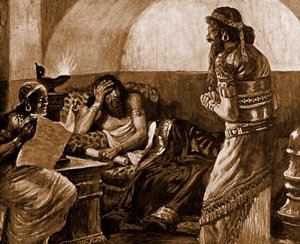 歴代誌はアハシュエロスに読まれる-聖書 作： James Jacques Joseph after Tissot