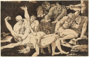 死んだ仲間の遺体を運ぶ裸の男性像 作： James Jefferys