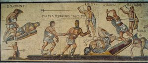 様々な武器で戦う剣闘士を描いたローマ時代のモザイク画。ボルゲーゼ美術館...