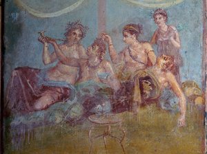 ポンペイで発見されたローマ上流階級の贅沢な生活を楽しむフレスコ画。イタリア、ポンペイ。 作： James L Stanfield