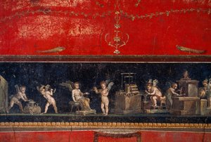 ポンペイで発見されたフレスコ画には、金細工をするケルブの姿が描かれている。イタリア、ポンペイ。