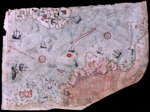 1513年に完成したピリ・レイス・ハリタシの地図。トルコ、イスタンブールのトプカプ宮殿博物館。