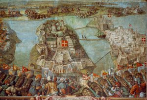 このフレスコ画は、1565年のトルコによるマルタ包囲戦を描いている。芸術作品。