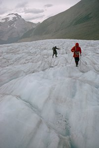 氷河の上でクレバスに近づく2人の登山者。マウント・ロブソン... 作： James L Stanfield