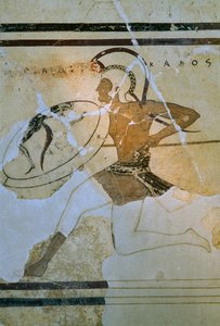 ホプリトドロモス（別名ホプリトドロミア）の壁面フレスコ画。アクロポリス博物館。ギリシャ、アテネ。 作： James L Stanfield