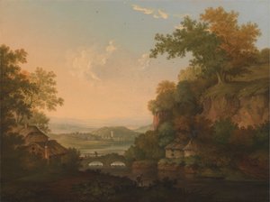 堰に架かる橋のそばの茅葺き小屋のある川の風景 作： James Lambert  of Lewes
