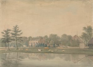 池のほとりに牛と羊がいるリングマーの家の北東の眺め 作： James Lambert  of Lewes