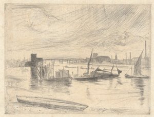 バタシーの夜明け (カドガン桟橋)、テムズ川のセットから 作： James Abbott McNeill Whistler