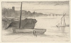 テムズ川のセットからのチェルシー橋と教会 作： James Abbott McNeill Whistler