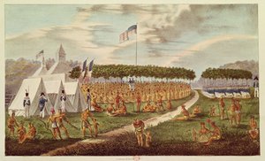 1825年「アボリジナルポートフォリオ」からの1825年9月、ウィスコンシン州プレーリーデュチエンで開催された大条約の表示（カラー彫刻）