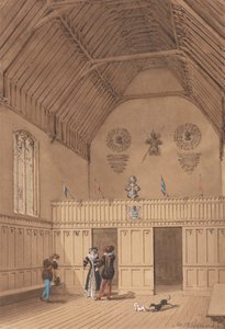 16世紀のドレスを着た人物がいる垂木ホール 作： James Pattison Cockburn