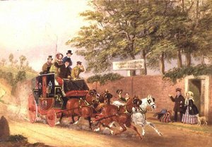道路で旅人を追い越す郵便馬車 作： James Pollard