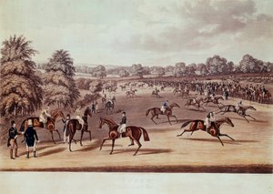出発前のエプソムでの競馬 ジェームズ・ポラード（1792-1867）によるイラスト 19世紀 個人蔵 作： James Pollard