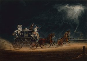 ニューマーケットヒースの雷雨の中の郵便馬車 作： James Pollard