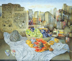 パパイヤと都市景観のある静物、2000 作： James Reeve
