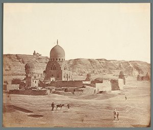 エジプト。カイロ。南墓地。手前にはスドゥーン廟（1504年）、奥のムカッタム高原にはアル・ジュユージ・モスクが見える。 作： James Robertson
