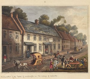 ウォータールーの村にあるウェリントン公爵の本部、「ウォータールーの戦いの歴史的記述」、1817年（着色されたアクアチント）