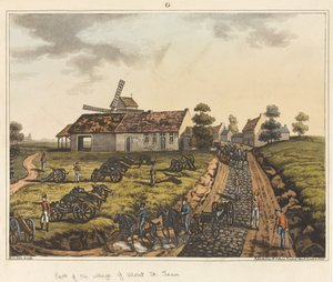 モンサンジャンの村の一部、「ウォータールーの戦いの歴史的記述」、1817年（アクアチント色） 作： James Rouse