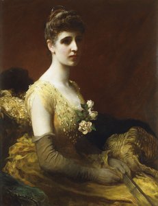 レダのレディディクソンの肖像画、4分の3の長さ、扇子を持った花が付いた黄色のドレスを着て座っています。 作： James Sant