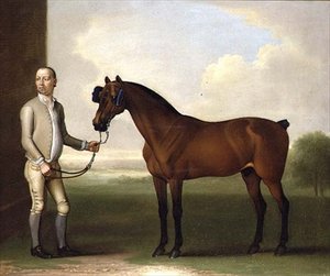"Regulus "というダークベイの競走馬にはグルームが付いている 作： James Seymour