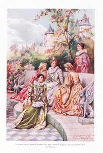 太陽の光が降り注ぐ宮殿の庭で、女王とその助手たちは幸せな日々を過ごしていました。 作： James Shaw Crompton