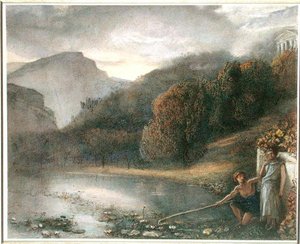 寺院と牧童のいる風景」（紙に水彩） 作： James Smetham