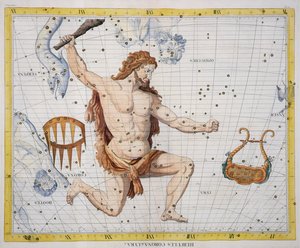 コロナとライラのヘラクレスの星座、21枚の「アトラスコアレスティス」からのプレート21、ジョンフラムスティード（1646-1710）、1729年に出版（手彩色彫刻）
