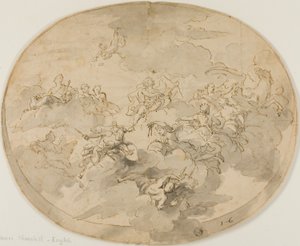 天井のフレスコ画のデザイン: アポロと無知を破壊するミネルヴァのミューズ 作： James Thornhill