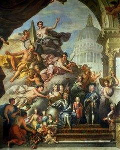 ジョージ1世（1660〜1727年）とハノーバーの家（1718〜24年）を称えたアッパーホールの後壁の絵（208091、7797、28499も参照） 作： James Thornhill