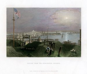 アメリカ合衆国、ドーチェスターハイツから見たボストン、1838年。 作： James Tibbitts Willmore