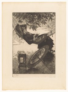 ハンモックで読書する若い女性 作： James Tissot