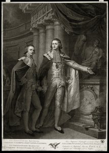 ロシア大公アレクサンドル 1 世パブロビッチ (1777-1825) とコンスタンティン パブロビッチ (1779-1831) の肖像画。 ジェームズ ウォーカー (1748 年-1808 年頃) の作品、1797 を彫刻します。英国美術 作： James Walker